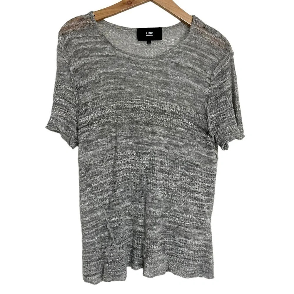 LINE the Label L gray & white lightweight linen‎ blend knit short sleeve top